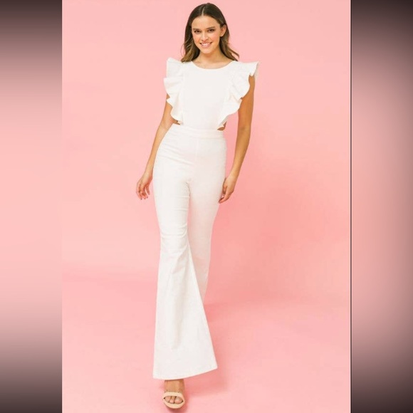 Flying Tomato Pants - Flying Tomato Ruffled Cut-Out Denim Jumpsuit